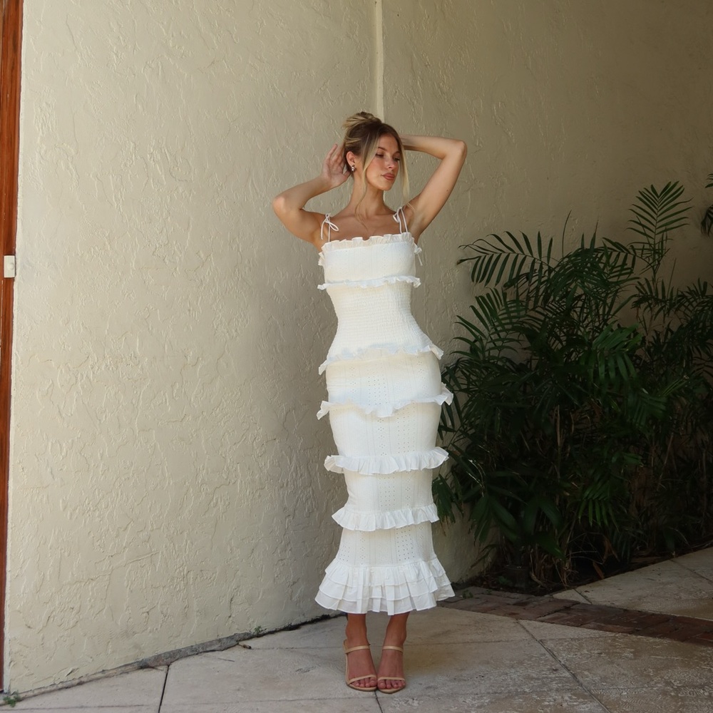Lauren | White Broderie Strappy Ruffled Maxi Dress